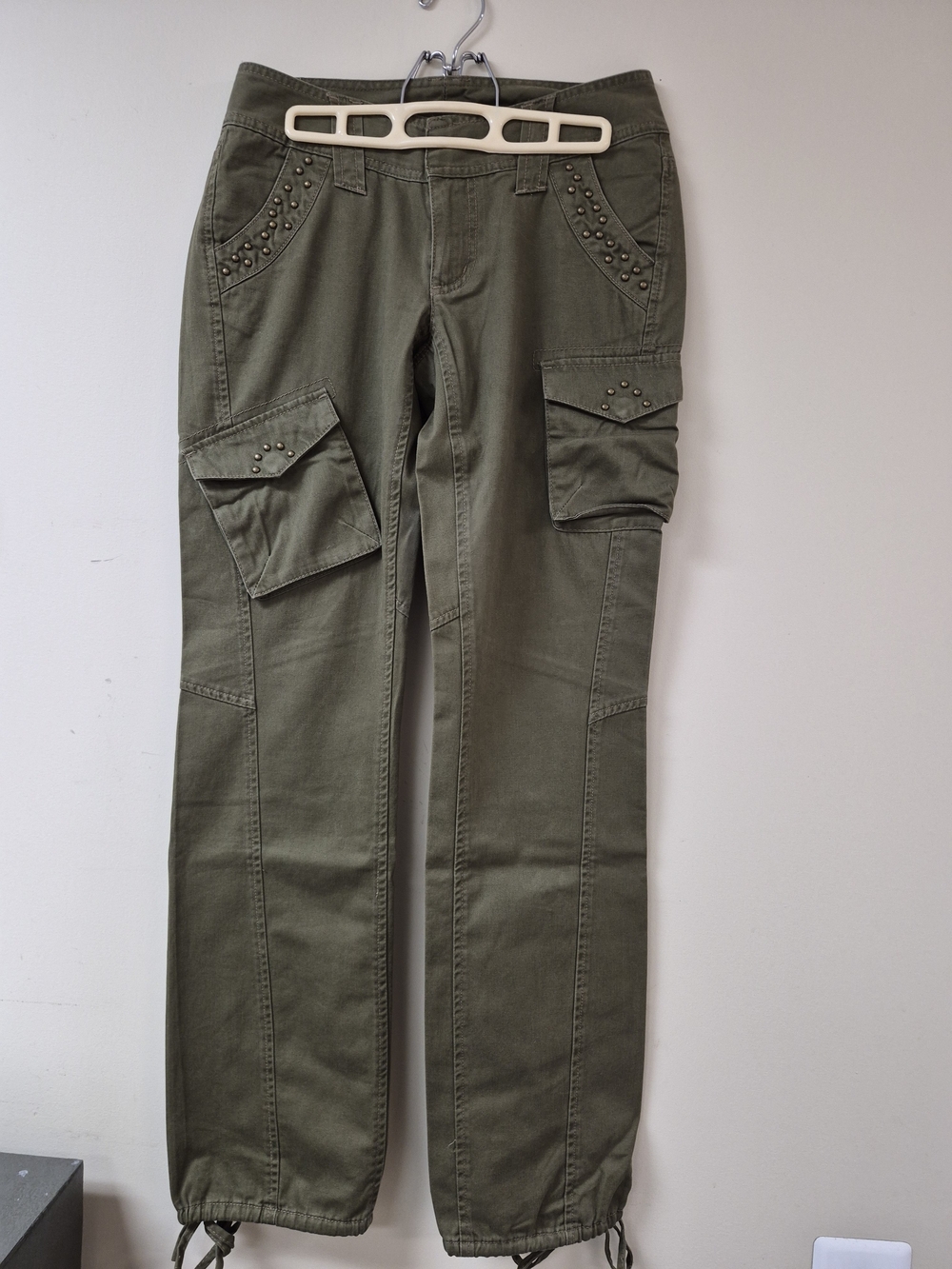 DKNY Olive Green Straight-Leg Cargo Pants with Stud Accents